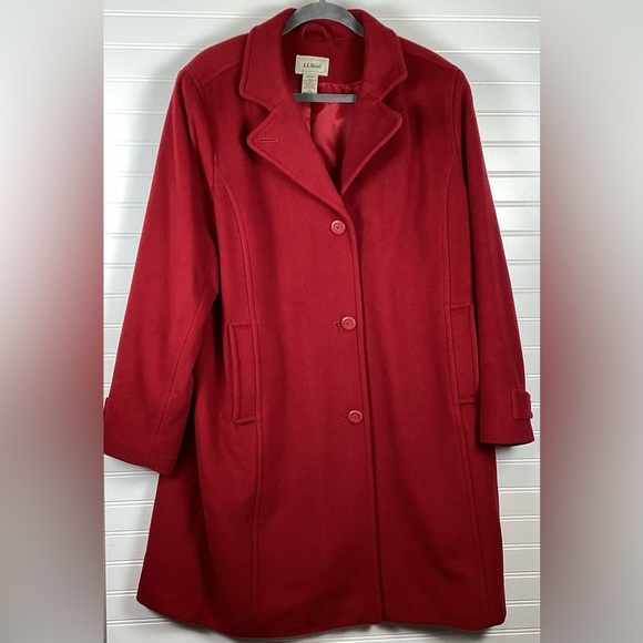 LL Bean womens red lambs wool DRESS Coat 1X Thinsulate lining-kick pleat - Picture 5 of 12